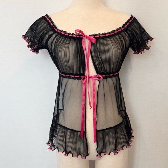 Victoria's Secret Other - Vintage Y2K 2006 Sheer Pleated Milk Maid Tie Babydoll Black Pink Ribbon